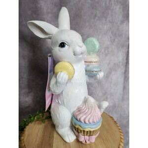 Easter Bunny Rabbit With Cupcake Macarons Cookies Figurine Figure 9.5" Resin NEW